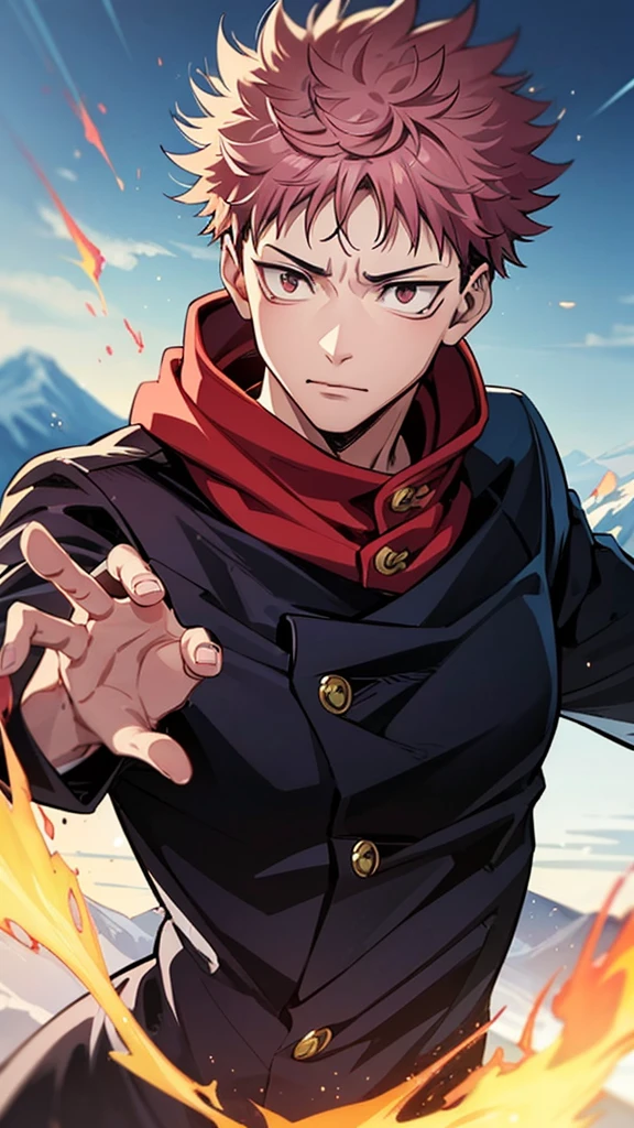 1 man, Itadori Yuji, Jujutsu Kaisen, using fire powers on hands,  medium scar in the middle of the forehead, muscules in body, Jujutsu uniform blue, Red hood, pink hair, short hair, brown eyes, normal eyes, anime style, cinematographic and vivid paisage, Montains ice


