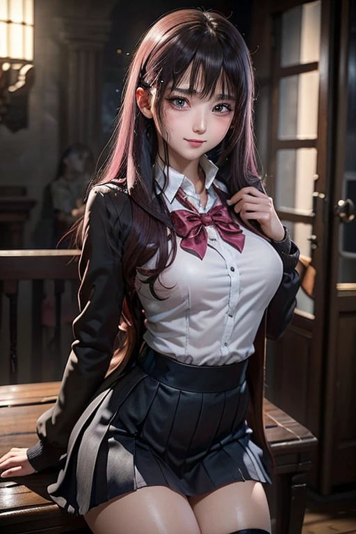 High School Girl Blazer、 uniform、Red checked skirt、JK Style、Jacket、smile、Knee-high socks、Thigh-high socks、pantyhose、Great beauty、So cute、Malaise、Rare beauty、Twin tail hair、Black dark eyeshadow、sad、Good skin radiance、Straightening iron for long hair、Dark Gothic Makeup、暗いsmile、The beauty of fragrance、Stained Glass Background、masterpiece、highest quality、See 5 books、Sweat glistening on my chest、Sweat glistening on the face、Small breast size、濃いPink Hair、Age: 22、Slightly slim、Playing the piano、sit and play an instrument、Piano available、Mysterious look、Sad look、Pink Hair、mysterious gothic church、enchanting castle、Sweating profusely all over the body、Lots of sweat on thighs and light、Shiny thighs、There is a lot of sweat glistening on my thighs、Copious sweat glistens on the thighs、Sweating profusely、Gal、Small breasts、The Face of Japan、Captivating look、The thighs are a little thin、Above-the-knee skirt、