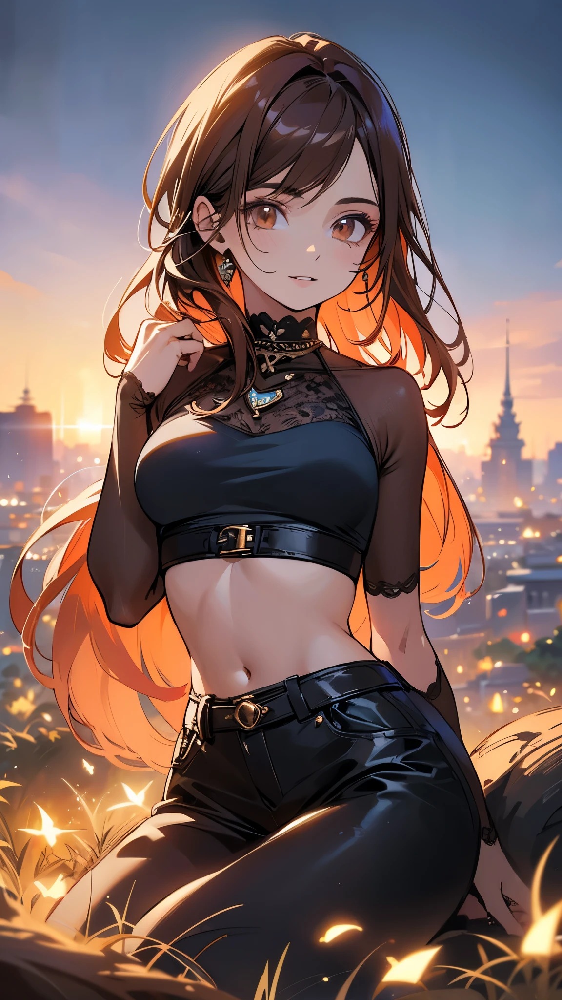 (highest quality, 4k, High resolution, masterpiece:1.2), Super detailed, (anime style, photorealistic:1.37), cinematic light, Bright colors and mesmerizing effects, Soft and delicate lighting, gentle shine, Beautiful and gentle atmosphere throughout the scene, (1girl:1.5), joven, (Cara finamente detallada:1.4, Ropa detallada), (Detallado:1.4) named (Eimi Fukada:1.1) BREAK Cara hermosa, Profundidad de campo, Agregar capa, 27 years old, Modelo de cuerpo perfecto, senos perfectos, 175cm de altura, pose sexy, full body, cuerpo completo, Tipo de cuerpo del modelo, BREAK (tight crop top:1.5), (tight mini short:1.5), (Cabello largo:1.2), (brunette:1.1), dark brown hair, doble parpado, (reddish brown eyes:1.5) BREAK garden