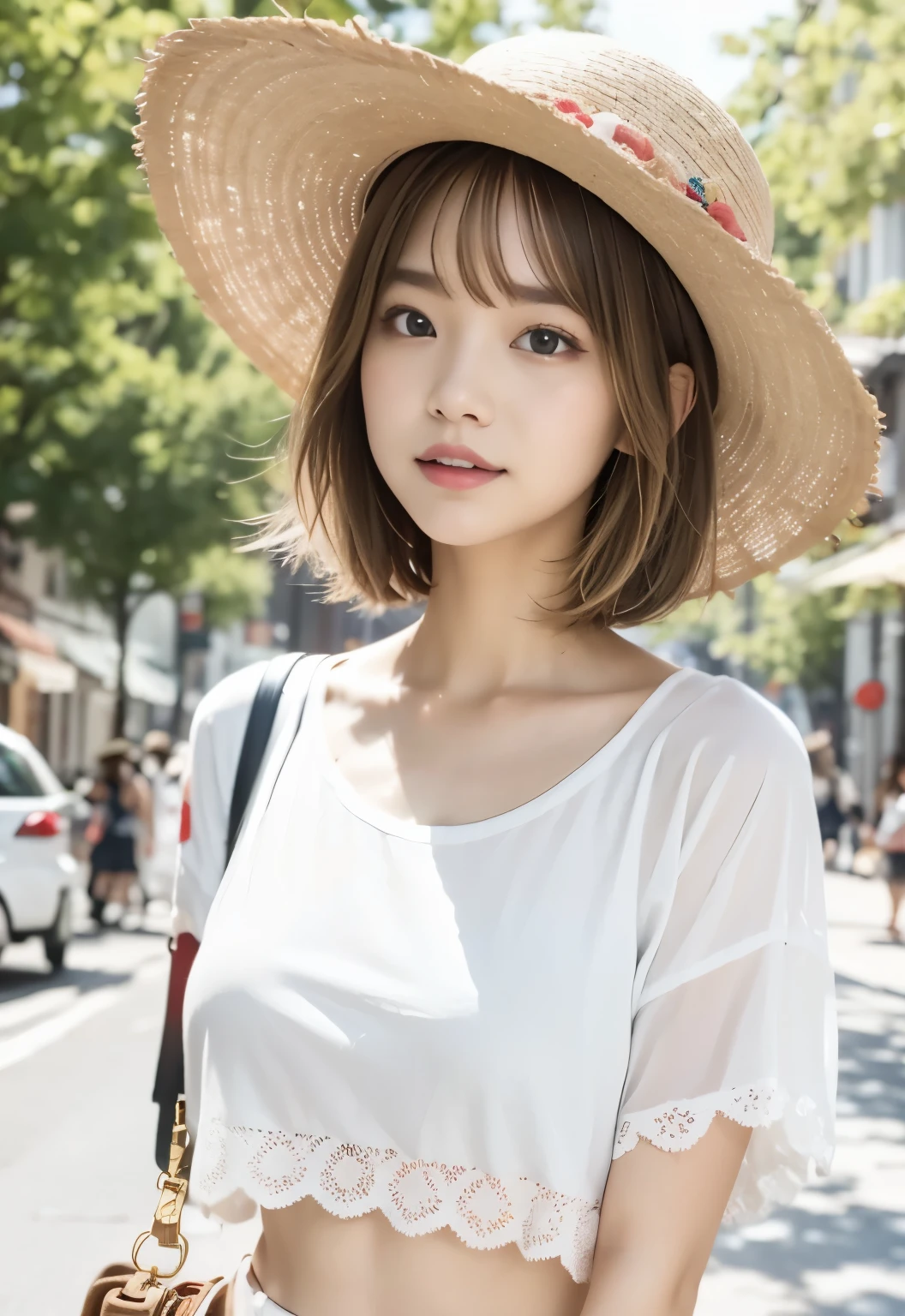 Blonde Hair:1.3, Straw hat:1.2, Medium Bob