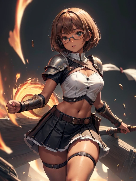 8K UHD, Digital SLR, Soft lighting, High quality, ((best quality)) ((best quality)), ((masterpiece)), (detailed), 4k image, anime style, fair caramel brown skin, beautiful teenage anime girl, black color A-line pleated skirt, black leather tights underneath, white shirt, form-fitting old leather battle armor worn over skirt and shirt, battle armor, fair caramel brown skin, symmetrical face, plump lips, emerald woody eyes, thin circular frame transparent nerdy glasses, African looks, small breasts, toned thin slender body, small narrow waist, short height, waist length pixie cut hair, emerald wood, hips, phoenix eyes, small nose, European style , white color sheer hold up stockings, low-top boots, fair caramel brown skin