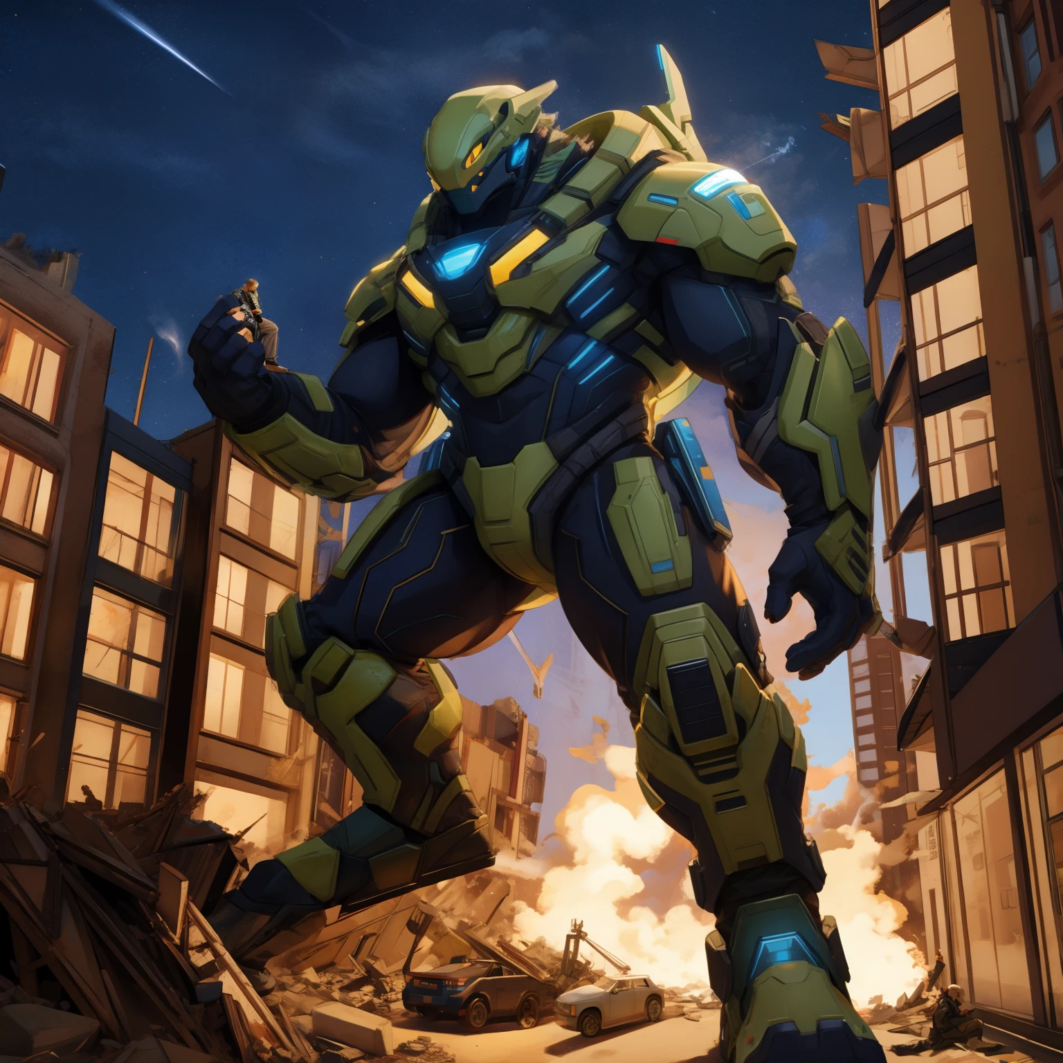 (full suit), (full body), macro alien soldier growing above miniscule city, destroying buildings while doing so