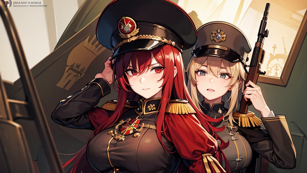A beautiful woman with deep red hair, wearing a German uniform and a Prussian helmet, with a straight face, and a rifle resting on her back