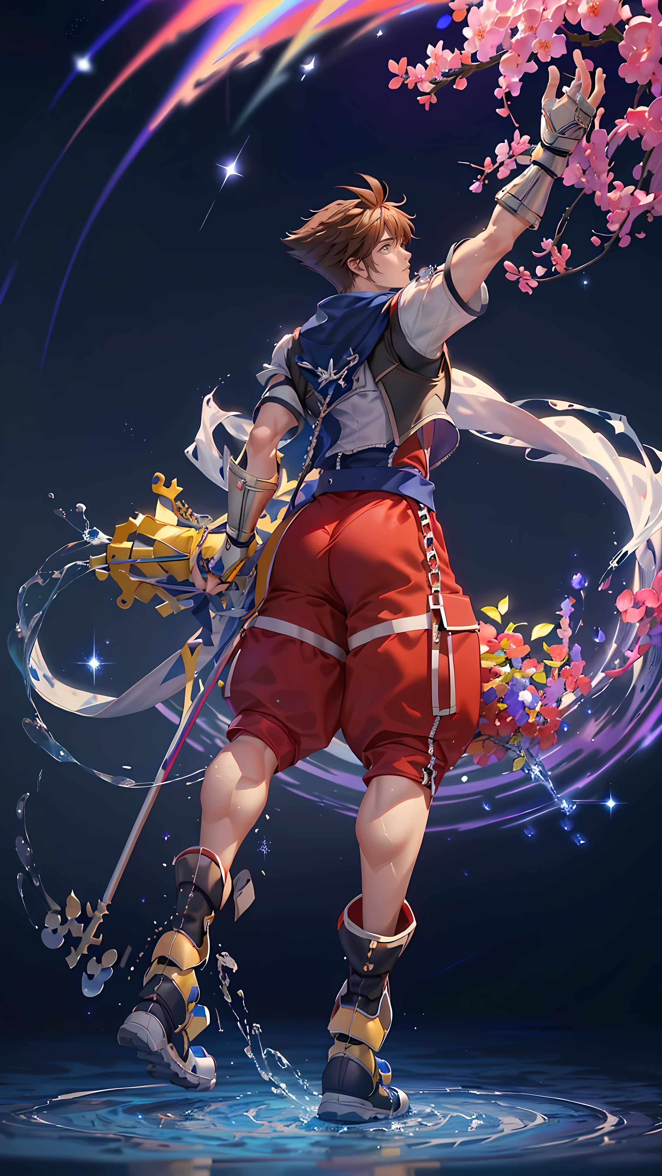 (SORA FROM KINGDOM HEARTS) (1man,solo,male) ((FULL BODY POSE)) ((GIGACHAD GIANT MUSCULAR BODY)) ((BIG BULGE, BIG ASS, BIG THIGH, SEXY POSE)) ((WEAR FUNDOSHI)) (((RED AND BLUE COLOR THEME))) | FLOATING IN THE SPACE WITH STARS (SPARKLE, FLOWER, PETTALS, SNOWFLAKES) BACKGROUND IS BLUE SKY | big CHEST, FULL BODY, large ASS, open legs, show BULGE, smile, portrait knights of zodiac, extremely detailed ((pixiv arts)), high detailed official artwork, [ tarot card ]!!!!!, detailed key anime art, knights of zodiac anime, beautiful celestial mage, firefly from honkai star rails, full body | (dynamic angle:1.1), outline, ((thick lineart)), cover, stylish, official art, (details:1.2), (fantasy), garden, (bloom:1.1), glow:0.2, shadow, nature, flower, splash water, crystal, snowflakes, particles, bokeh, anamorphic light (depth of field), sharp focus, (volumetric lighting), (bokeh:0.6), film grain:0.4, (soft lighting:1.1) | high-quality, ultra-detailed illustrations, ultra-high resolution, (high resolution,overwhelmingly pixel-perfect,luxurious illustration), (Ultra Quality, Masterpiece, Ethereal:1.4) photorealistic:.1.4, UHD (8k, RAW photo, best quality, masterpiece:1.2)