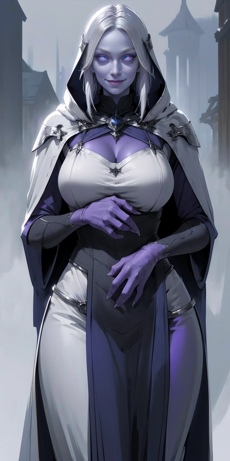 (chest covered) (smile) Gray skin, white silver hair and violet eyes. She prefers clothing of white and silver with cloaks of deep blue or purple, village background, huge knockers, ((very precise detailed)) ((high res) (HANDS ON HIPS)