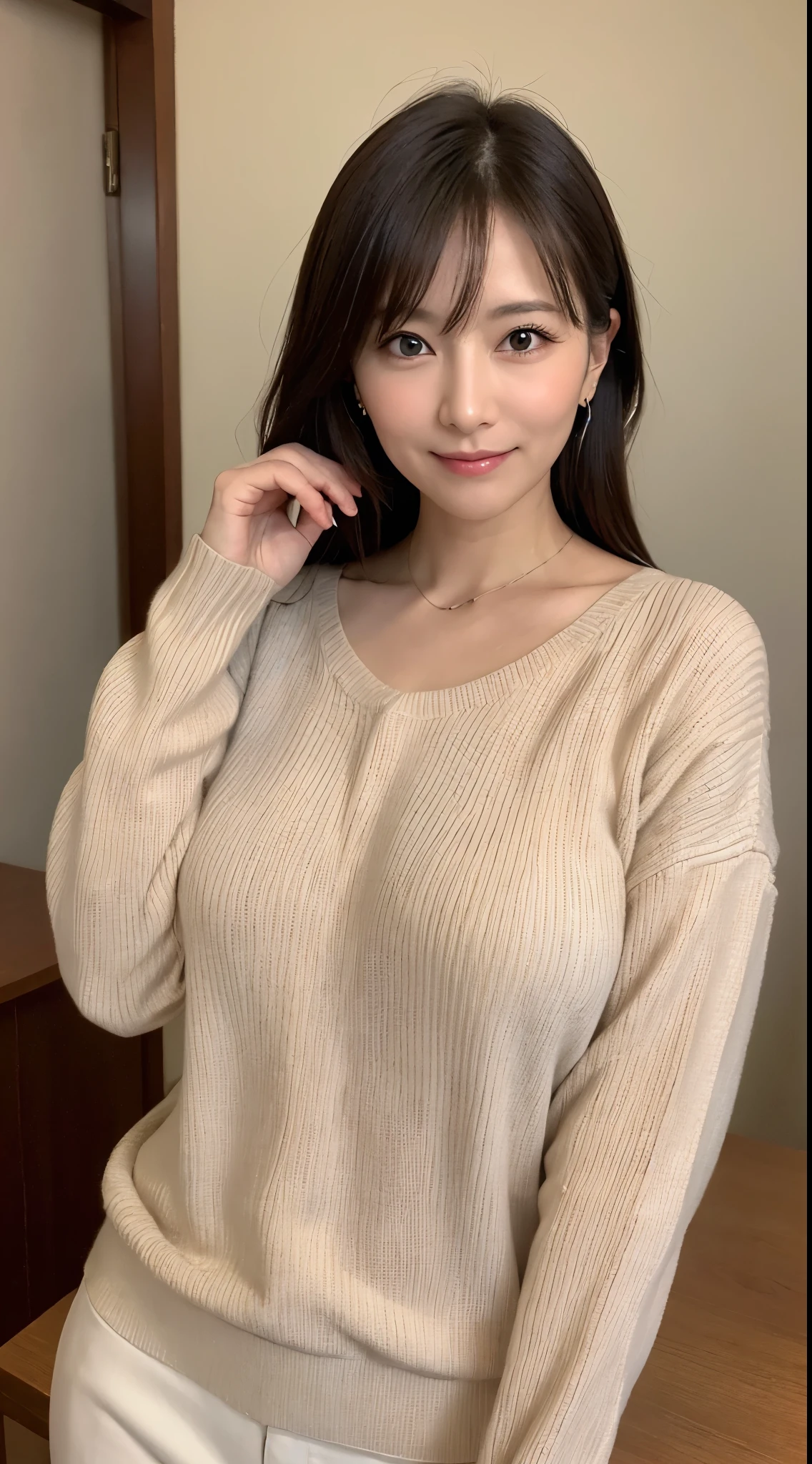 On the table、best quality、Photorealism、Finely、high resolution、8wallpaper、Perfect dynamic posture、Beautiful slender eyes and long hair、Full breasts、casual sexy pose、Random situations、(Tight beige sweater)、Breast bulge 1.2)、Gentle smile、50 years old、(Sagging eyes 1.3)、Mature adult beauties、Japanese、