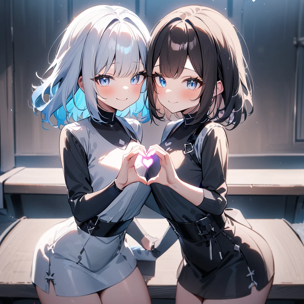 {{2girls}},masterpiece,best quality,very aesthetic,absurdres,cowboy shot,lightcolor,darkcolor,(heart_hands_duo:1.5),light hair,dark hair,White hair,light  blue hair,light  blue eyes,Lovely,🏩,translucent hair