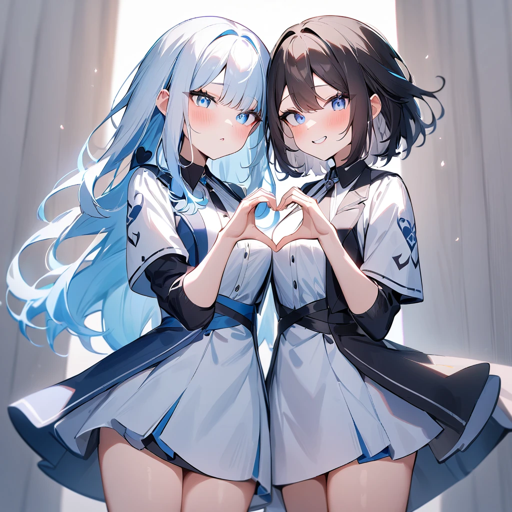 {{2girls}},masterpiece,best quality,very aesthetic,absurdres,cowboy shot,lightcolor,darkcolor,heart_hands_duo,light hair,dark hair,White hair,light  blue hair,light  blue eyes,Lovely 