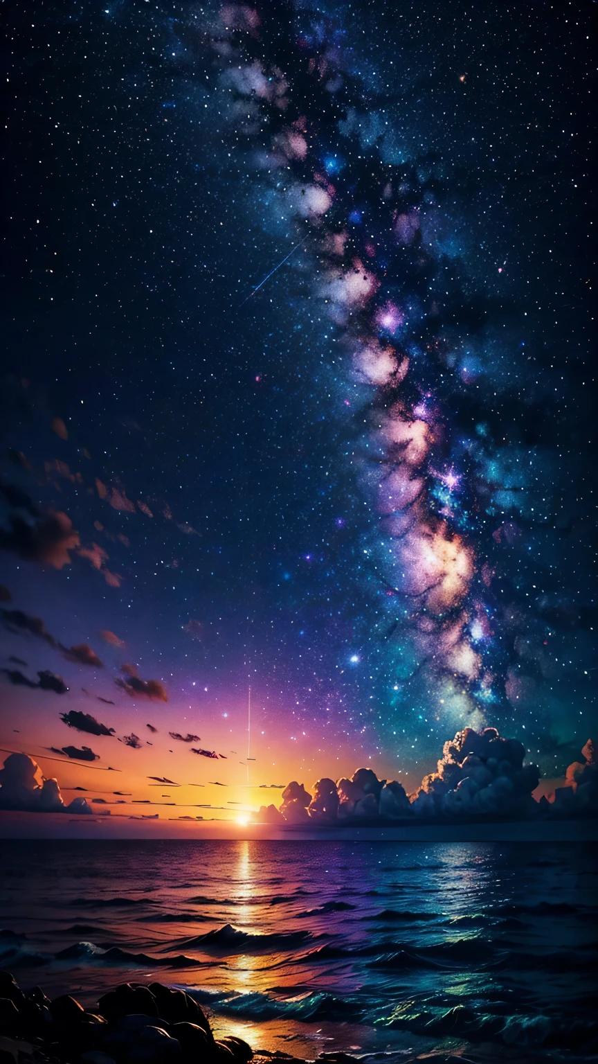 A colorful galaxy，Clouds，Sunset，Over the sea