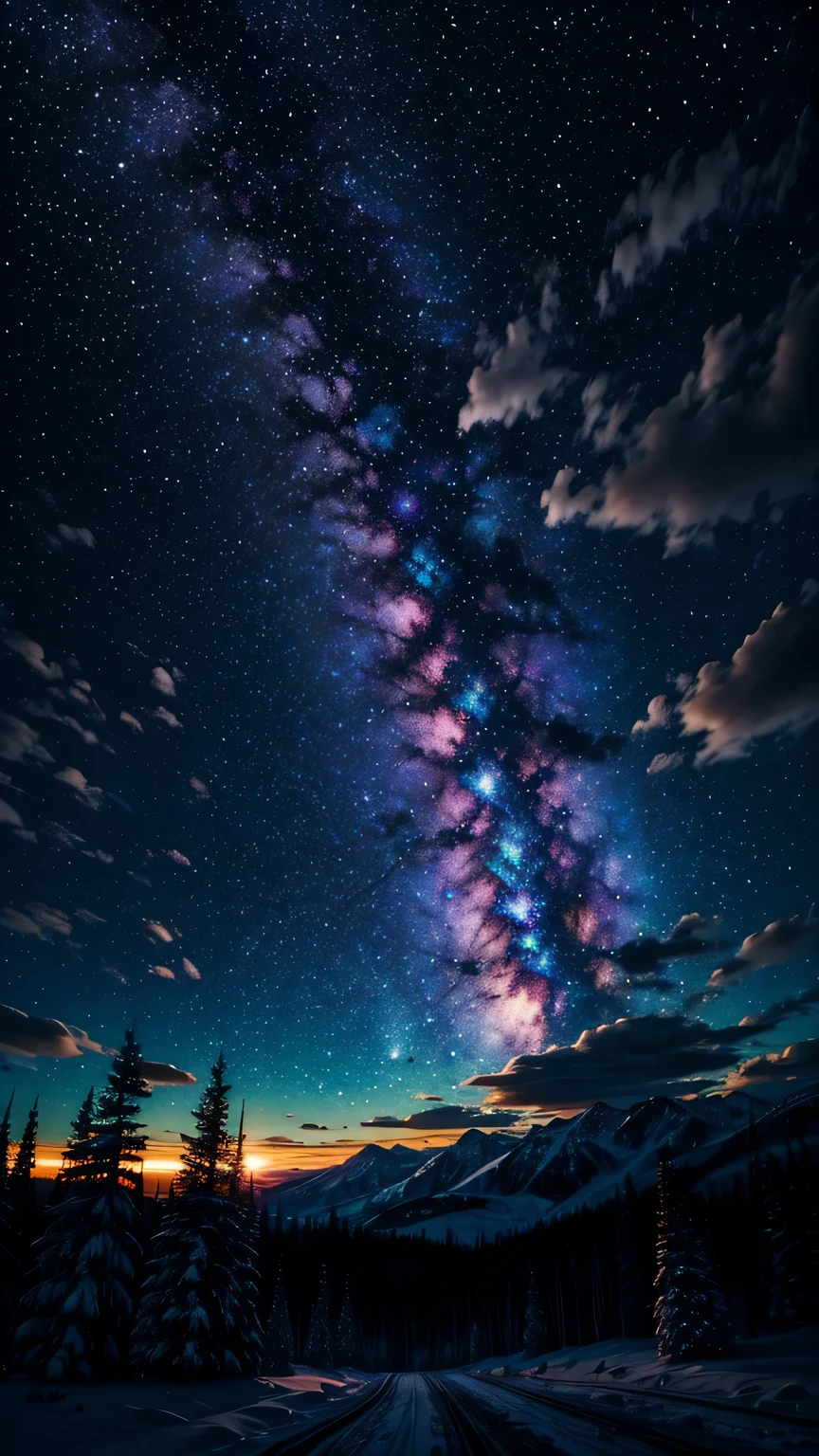 A colorful galaxy，Clouds，Sunset，Snow，Over the forest
