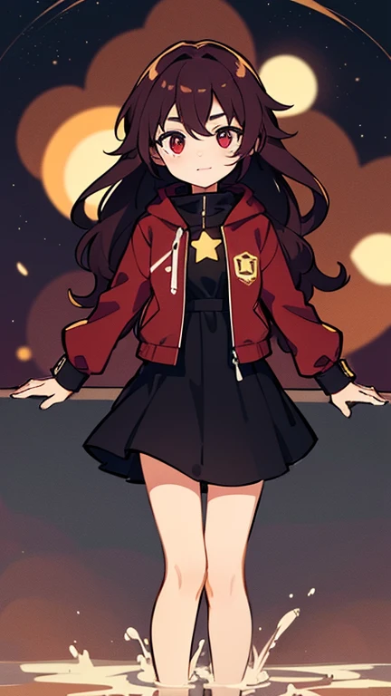 (high quality, Breathtakingly beautiful),(Expressive eyes, Perfect Face) One girl, woman, alone, 10 years old, adolescence, Dark red hair, Dark red eye color, Soft wavy hair, Long Hair Length, Cute Smile, dress, Jacket, Honkai Star Rail Art Style, Gentle expression, Splash Art, 4" height, Cute Face, Child-like face, Calm expression, Modern fantasy clothing, Adventurer's Costume, Clothing decals, Jewelry and Accessories,
