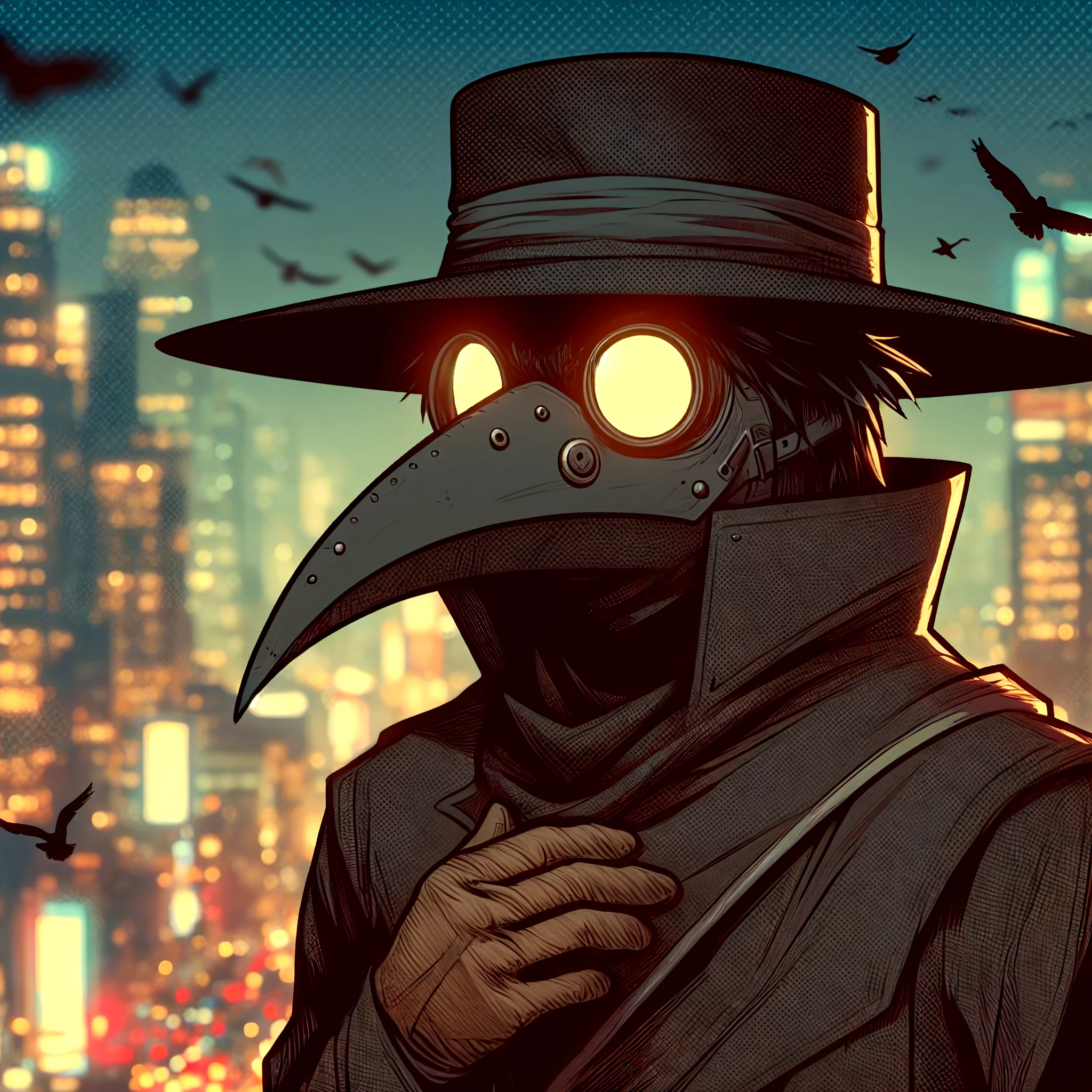 A man dressed as a bubonic plague doctor on the roof of a building watching the skyline of a city where it was raining