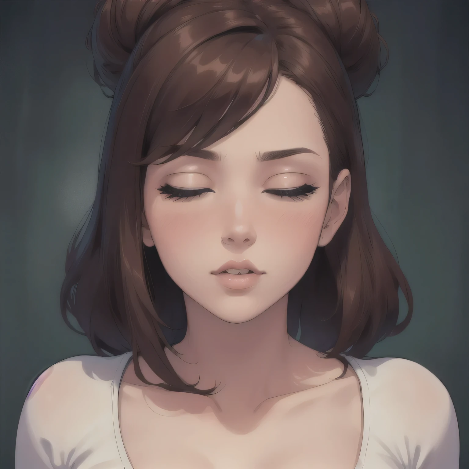 (best quality,4k,8k,highres,masterpiece:1.2),ultra-detailed,(realistic,photorealistic,photo-realistic:1.37),portraits,beautiful face,sexy woman,eyes closed,hair in a bun,beautiful detailed eyes,beautiful detailed lips,intense blush,anticipating a kiss,deep neck t shirt,pinned against the wall,soft lighting,vivid colors