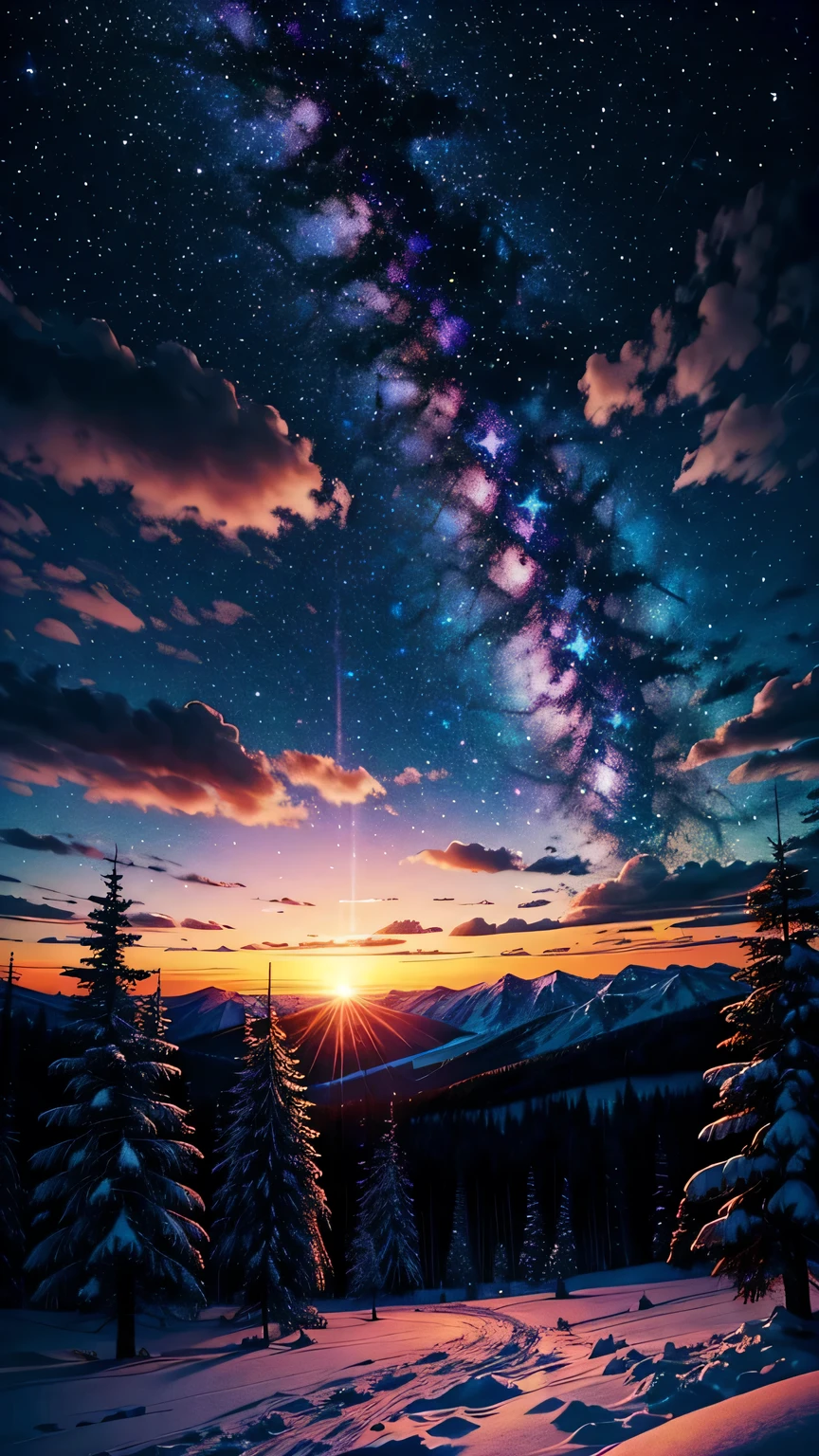 A colorful galaxy,Clouds,Sunset,Snow,Over the forest