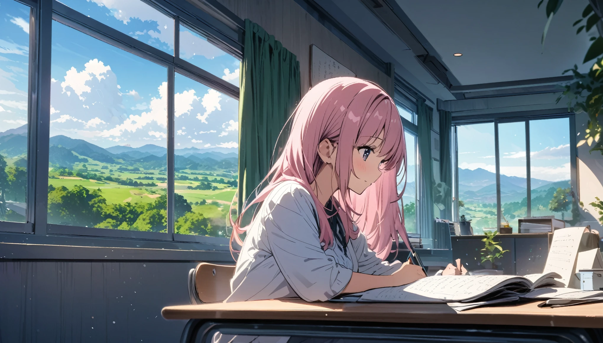 Pink Hair Girl, Studying in the room, A comfortable study desk, Large windows overlooking beautiful nature views, (Take in the scenery), Note, it&#39;s raining,  Daytime