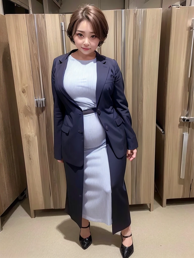 ((highest quality、8k、masterpiece:1.3))、Photorealistic, Sharp focus, High-level image quality, High resolution, Portraiture, alone, Japanese, Middle-aged women, Beauty, Embarrassed look, (business suit,　Tight Skirt:1.3),  43 years old, Plump, Bob Hair, (Wrinkles around the eyes:0.6), Office Changing Room, Many steel lockers, Dark Background,Detailed face, Beautiful Eyes, Small face, Round face, Double big eyes,Long, cat-like eyes, Long eyelashes, Big Nose, Large forehead,Huge bust,Huge hips,Thick thighs,Plump body,,Short,Height: 150cm