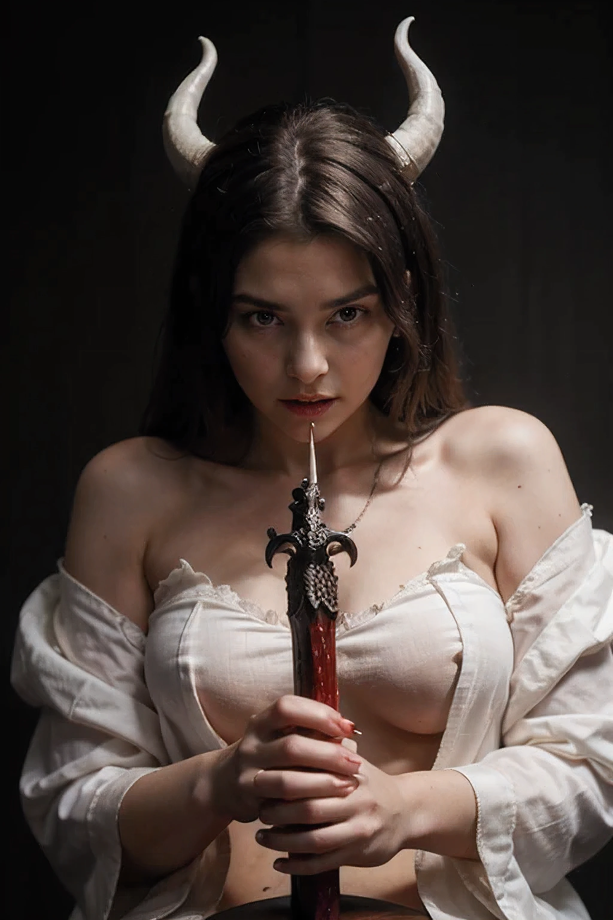 Young beautiful white cloth maiden offers her soul to demon king( dark twisted, ling horns, holding black red cursed sword, with demonic figure) 4k hyper realistic image 4k ultra hd.