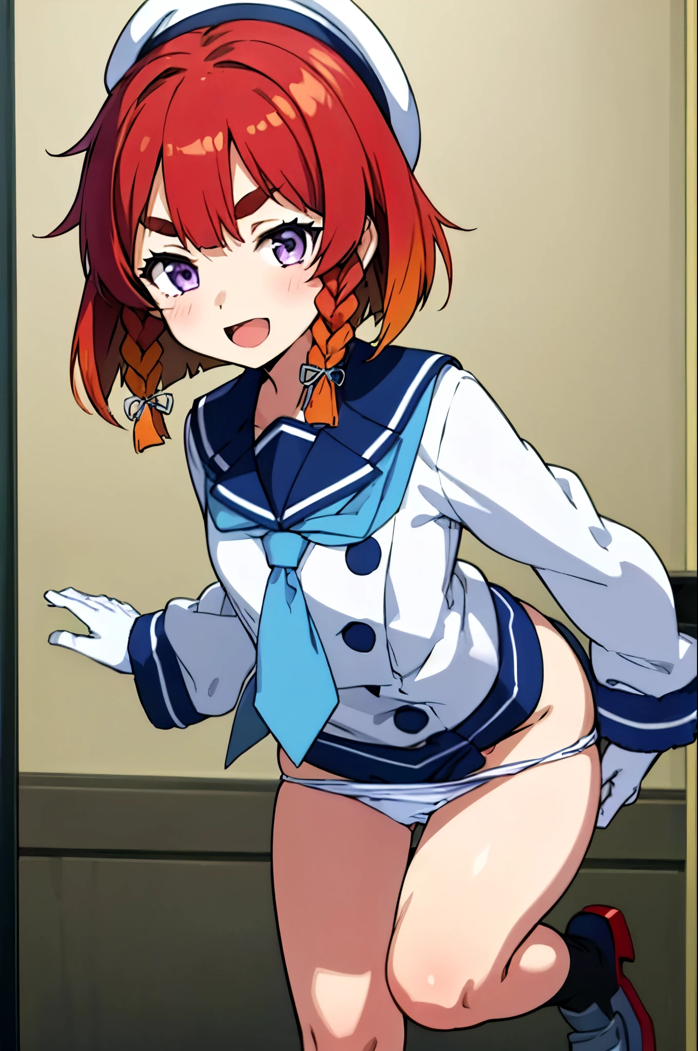 masterpiece, highest quality,
One girl, alone,
Bent over, close, smile, Open your mouth,
Etorofu \(Kantai Collection\), short hair, Redhead, Bobcut, Twin Blade, Thick eyebrows, Purple eyes, Side braid, Twin Blade, , flat_chest,
, serafuku, White Hat, Blue neckerchief, Blue Ribbon, Hair Ribbon, White gloves, (Panty shot)