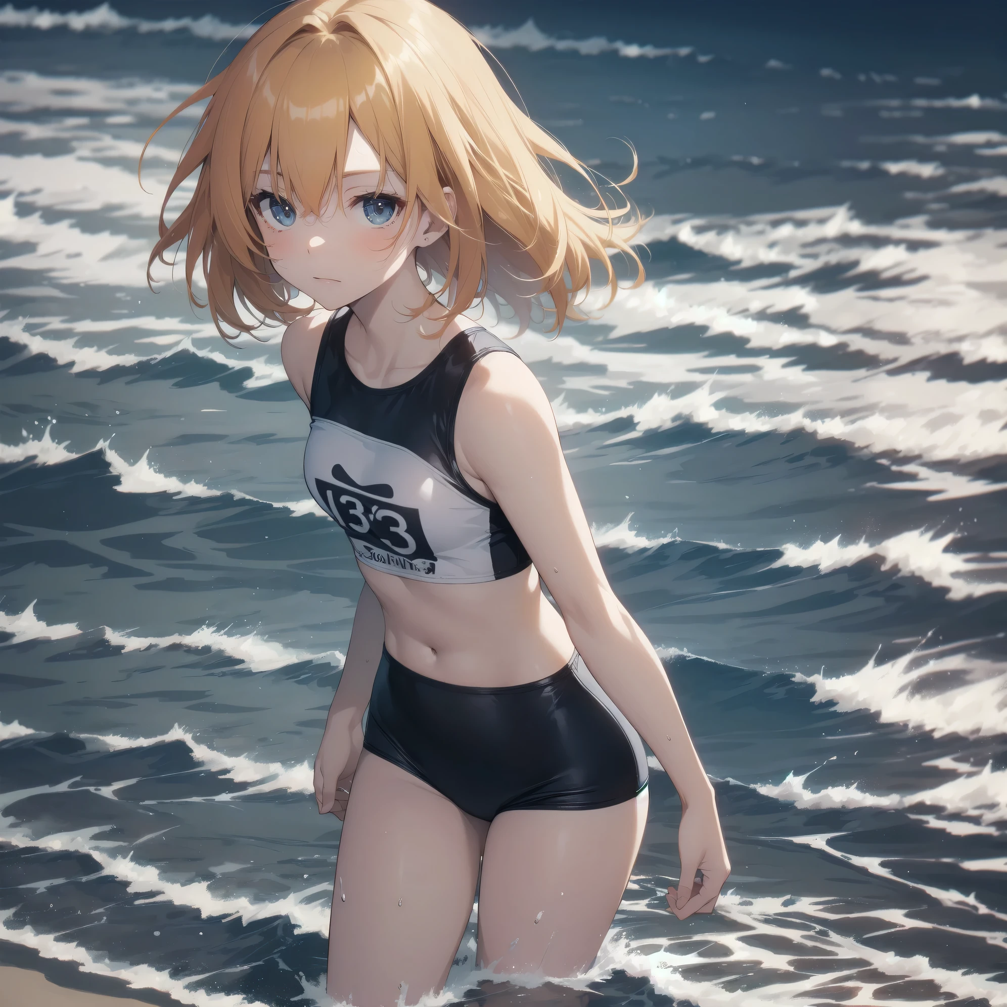 official art,extremely detailed CG unity 8k wallpaper, incredibly_absurdres, loli, short hair, brown hair, small breasts, bare legs, no legwear, green eyes, best quality, masterpiece, absurdres, highres, wallpaper, swimsuit, in summer, on the beach, Ōka Asahi