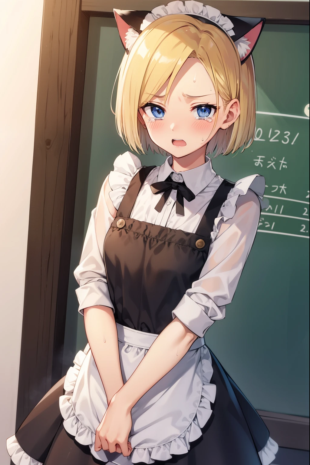 Android 18,Crying face,Embarrassing,shy,Sweat,Please open your mouth wide,blush,Maid clothes,Cat ear,coffee shop,blonde,short hair,Cat's Tail,tears,Embarrassed,