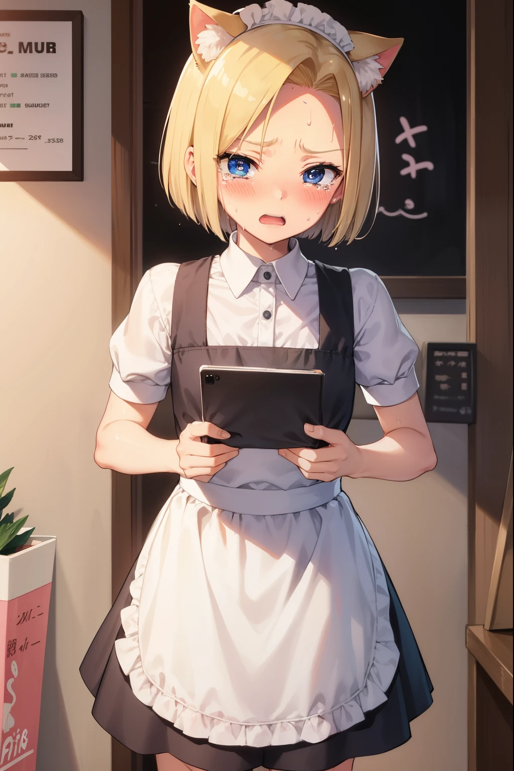 Android 18,Crying face,Embarrassing,shy,Sweat,Please open your mouth wide,blush,Maid clothes,Cat ear,coffee shop,blonde,short hair,Cat&#39;s Tail,tears,Embarrassed,