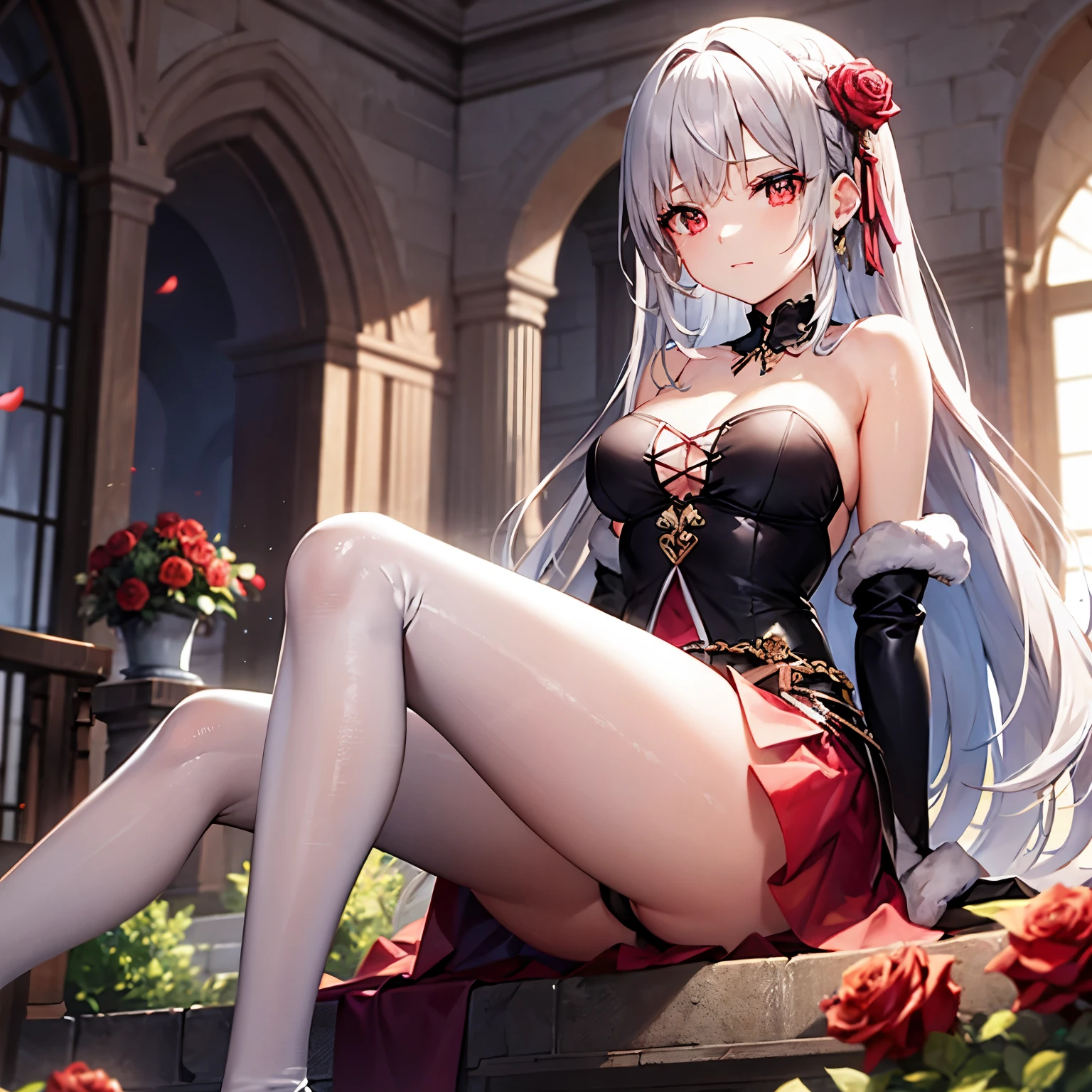 silber hair、red eyes、Beautiful girl alone、Fluffy dresses、off shoulders、Western-style castle、Bright red roses、sitting on、