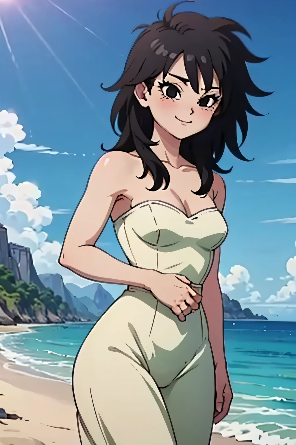 anime screencap, masterpiece, best quality, highres, outdoors, small breasts, gine, spiky black hair, 1 girl, Solo, Black Eyes, Good hands are down, Smile, Blushing, Bare Neck, Bare Shoulders, strapless, White Ruffle Off-the-Shoulder maxi dress. Cowboy shot. A landscape of the beach, sea, blue skies, sand beach. In the center. Walking on the beach Far from the bottom, looking at viewers