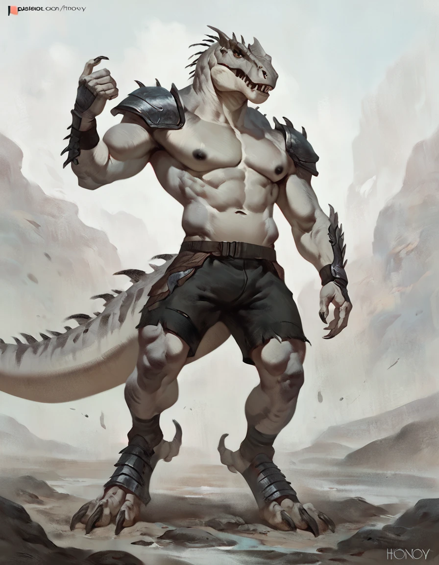 Male anthro indominus rex, concept art, torn armor, masterpiece, front view, tail, high quality, feet, dark nipples, pose, shorts, toned, by honovy