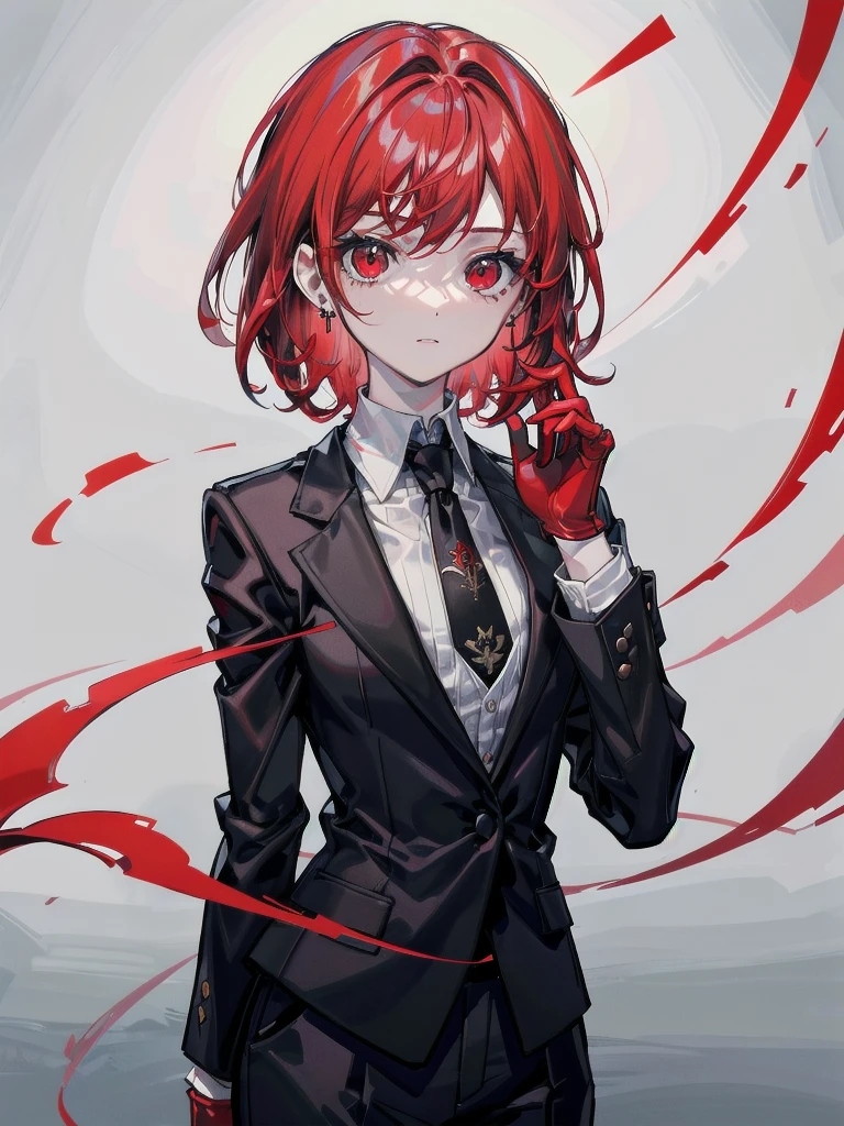 Redhead, bangs, Red eyes, Black gloves, Formal suit, tie, Jacket, absurdres, RAW photo, extremely delicate and beautiful, masterpiece, Best Quality, ultra high resolution, 32k, hyperrealistic, ultra-detailed, detailed description, pale skin, 20 years old, tearful mole, earring, short medium hair, wavy hair, whole body shot,