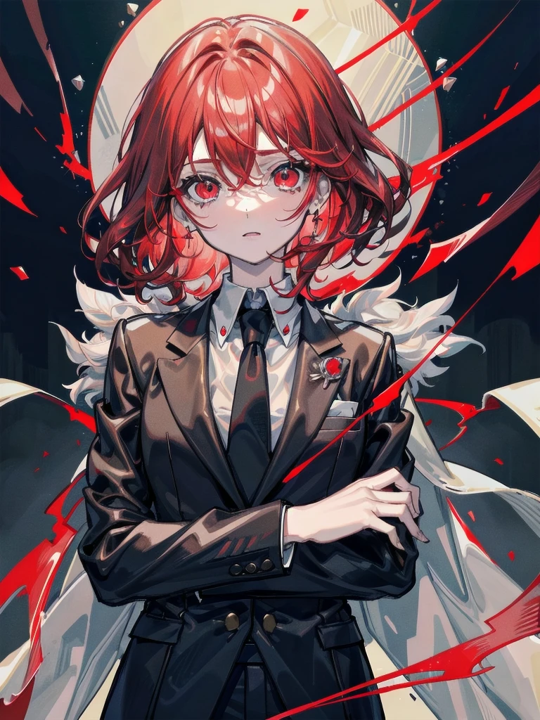 Redhead, bangs, Red eyes, Black gloves, Formal suit, tie, Jacket, absurdres, RAW photo, extremely delicate and beautiful, masterpiece, Best Quality, ultra high resolution, 32k, hyperrealistic, ultra-detailed, detailed description, pale skin, 20 years old, tearful mole, earring, short medium hair, wavy hair, whole body shot,