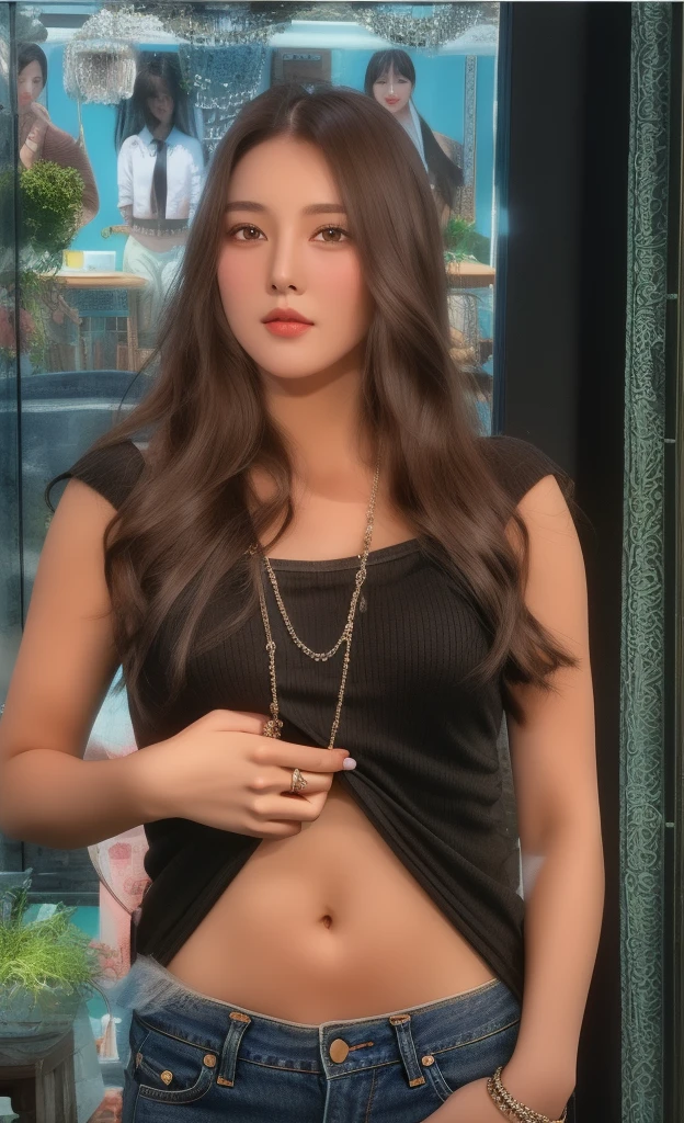 A young and beautiful one,A look of surprise,Wear low-rise jeans,Lift up your shirt with your right hand。charming,belly button