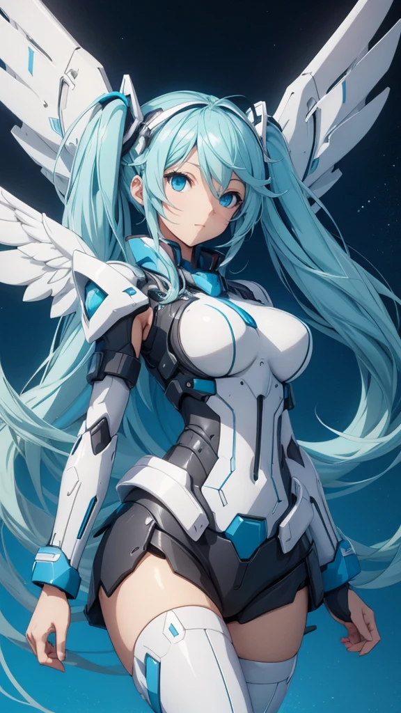 hatunemiku VOCALOID, twin tails, light blue eyes, light blue hair, huge breasts, Angel wing, mecha girl,