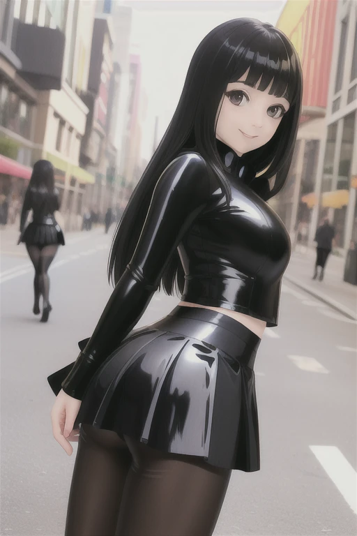 High resolution, masterpiece, Perfect lighting, bloom, Cinema Lighting, Adult, Perfect Skin, woman, View Viewer, street, Glamour Shot, (RSE Emma:1.5),(Shiny black latex tights and latex skirt:1.3), Parted bangs, (Black Hair), very Long Hair, Long Hair, smile