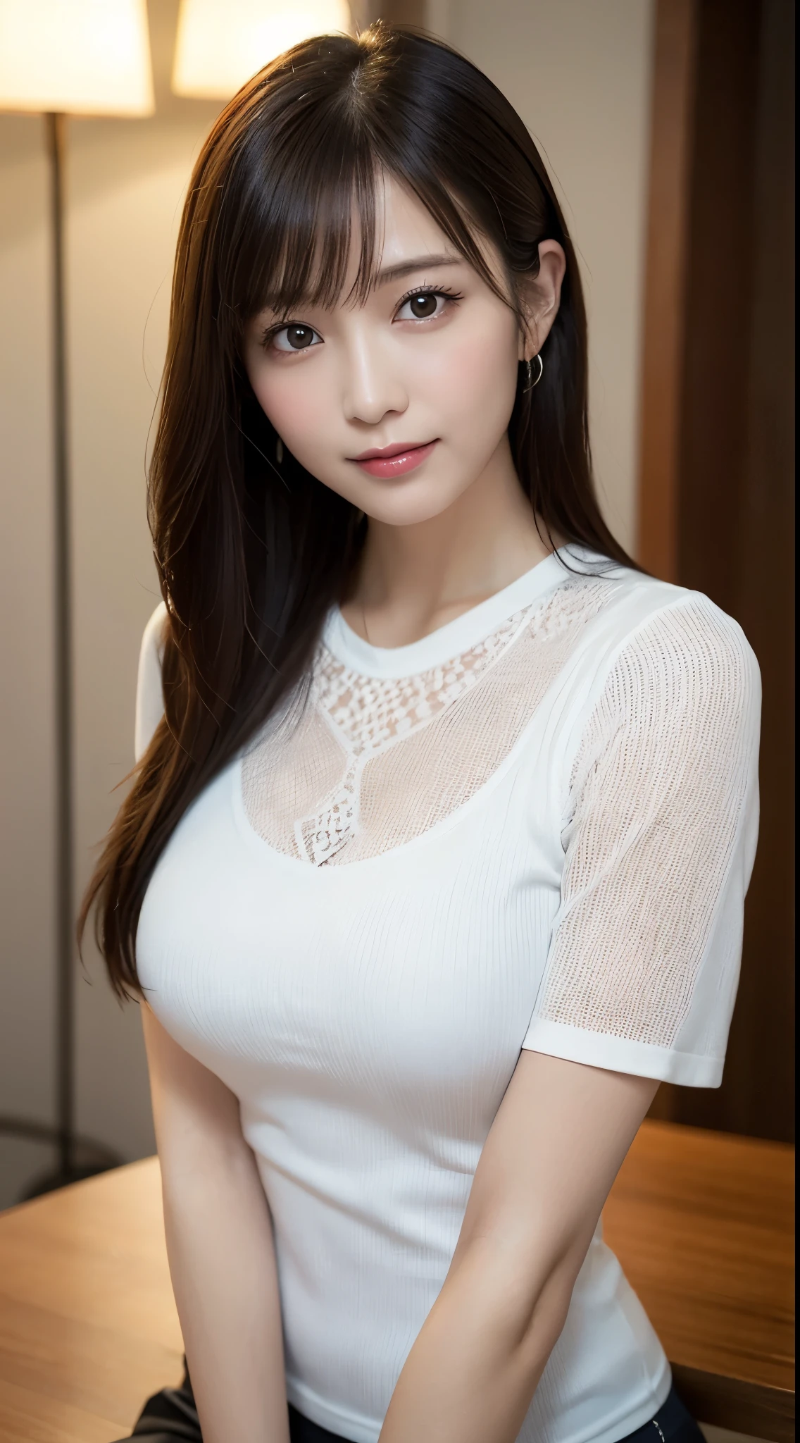 On the table、best quality、Photorealism、Finely、high resolution、８wallpaper、Perfect dynamic posture、Beautiful slender eyes and long hair、Full breasts、casual sexy pose、Random situations、Selfie Angle，Looking at the camera，（Tight mesh lace shirt）、（Bulging breasts ）、Gentle smile、50 years old、（Perfect Eyes 1.3）、Mature adult beauties、Japanese、