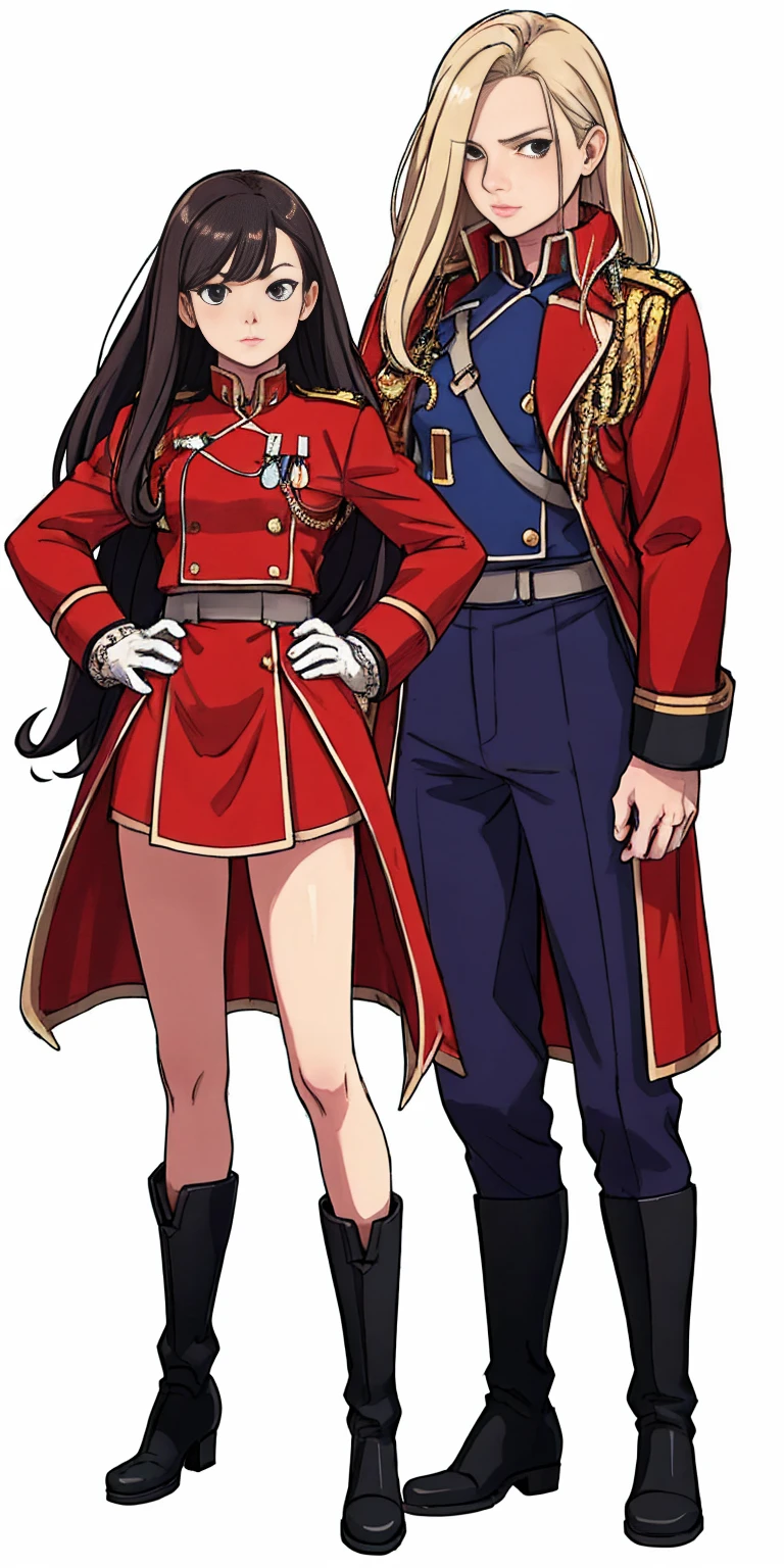 ((white background)) full body of a woman long hair, 1sologirl, standing feet together, military boots, olivier_mira_armstrong, RED uniform, high res, sharp focus, pixiv masterpiece ((intricate details)) highly detailed, hands on hips