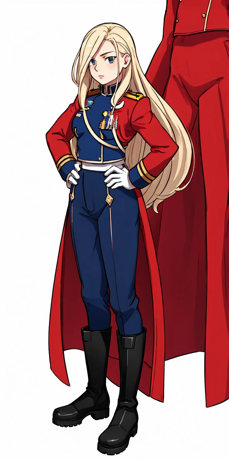 ((white background)) full body of a woman long hair, 1sologirl, standing feet together, military boots, olivier_mira_armstrong, RED uniform, high res, sharp focus, pixiv masterpiece ((intricate details)) highly detailed, hands on hips