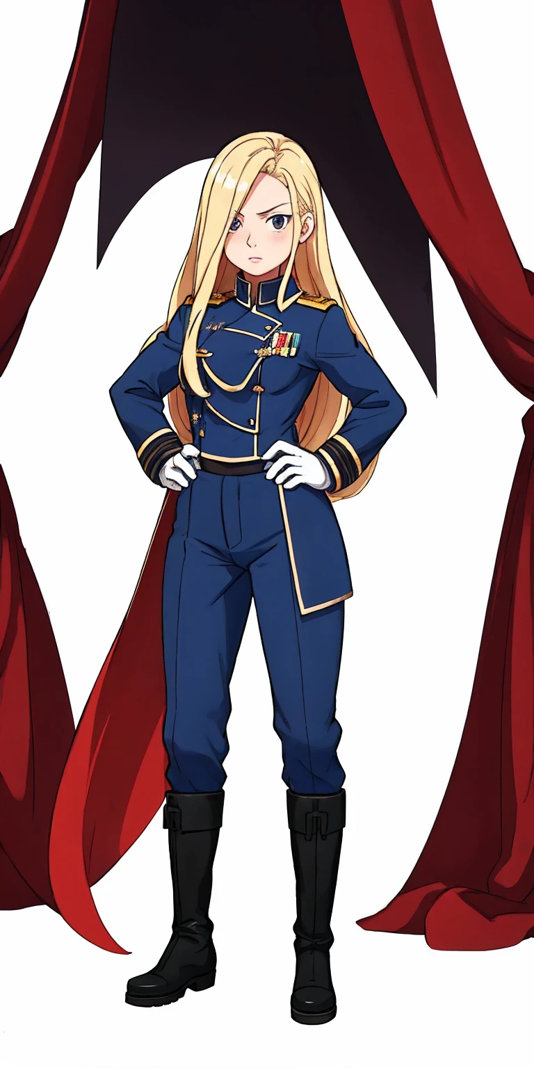 ((white background)) full body of a woman long hair, 1sologirl, standing feet together, military boots, olivier_mira_armstrong, RED uniform, high res, sharp focus, pixiv masterpiece ((intricate details)) highly detailed, hands on hips