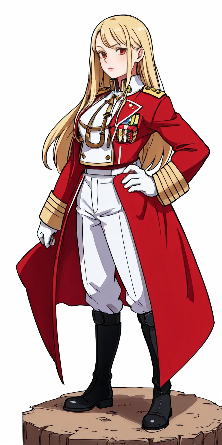 ((white background)) full body of a woman long hair, 1sologirl, standing feet together, military boots, olivier_mira_armstrong, RED uniform, high res, sharp focus, pixiv masterpiece ((intricate details)) highly detailed, hands on hips