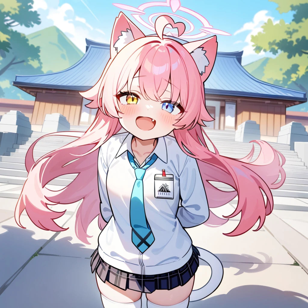 （masterpiece：1.2，high quality），8K，High resolution，A sixteen-year-old girl，cute girl，Takanashi Hoshino（Blue Archive），cat ears，pink hair，long hair，（yellow and light blue eyes），heterochromia， heart ahoge，halo，open mouth，laughing，fang out，Stand in front of the temple，White shirt，Blue tie，Short skirt ，white stockings：1.6，High School Students，thigh，alone，cat tail，((Hands behind your back))