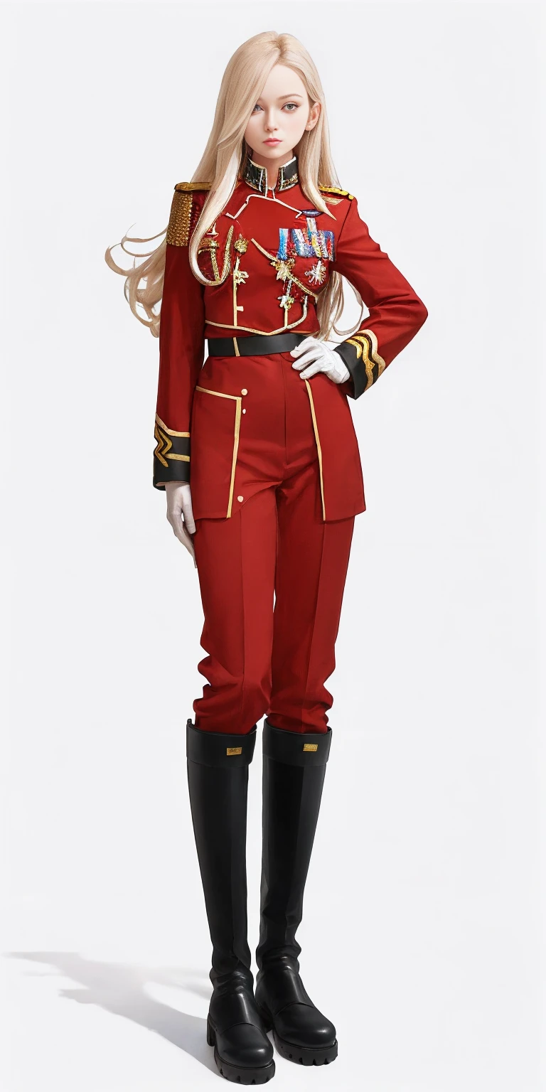 ((white background)) full body of a woman long hair, 1sologirl, standing feet together, military boots, olivier_mira_armstrong, RED uniform, high res, sharp focus, pixiv masterpiece ((intricate details)) highly detailed, hands on hips