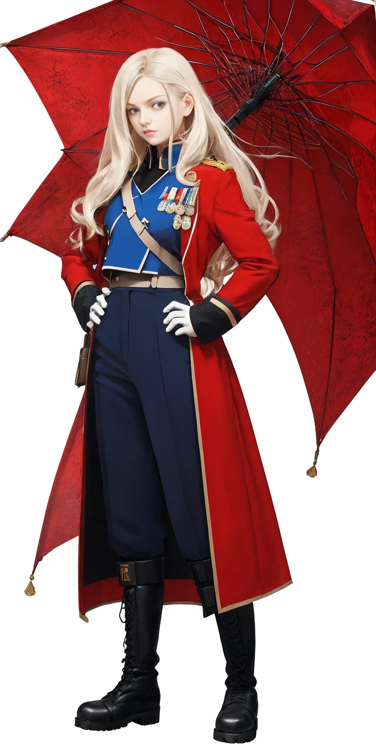 ((white background)) full body of a woman long hair, 1sologirl, standing feet together, military boots, olivier_mira_armstrong, RED uniform, high res, sharp focus, pixiv masterpiece ((intricate details)) highly detailed, hands on hips