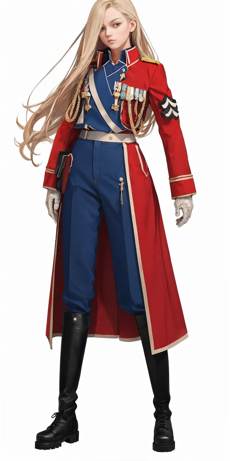 ((white background)) full body of a woman long hair, 1sologirl, standing feet together, military boots, olivier_mira_armstrong, RED uniform, high res, sharp focus, pixiv masterpiece ((intricate details)) highly detailed, hands on hips