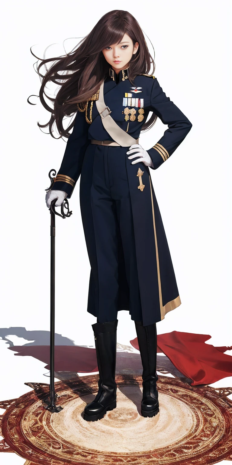 ((white background)) full body of a woman long hair, 1sologirl, standing feet together, military boots, olivier_mira_armstrong, RED uniform, high res, sharp focus, pixiv masterpiece ((intricate details)) highly detailed, hands on hips