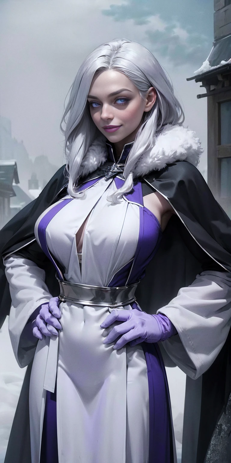 (chest covered) (smile) Gray skin, white silver hair and violet eyes. She prefers clothing of white and silver with cloaks of deep blue or purple, village background, huge knockers, ((very precise detailed)) ((high res) (HANDS ON HIPS)