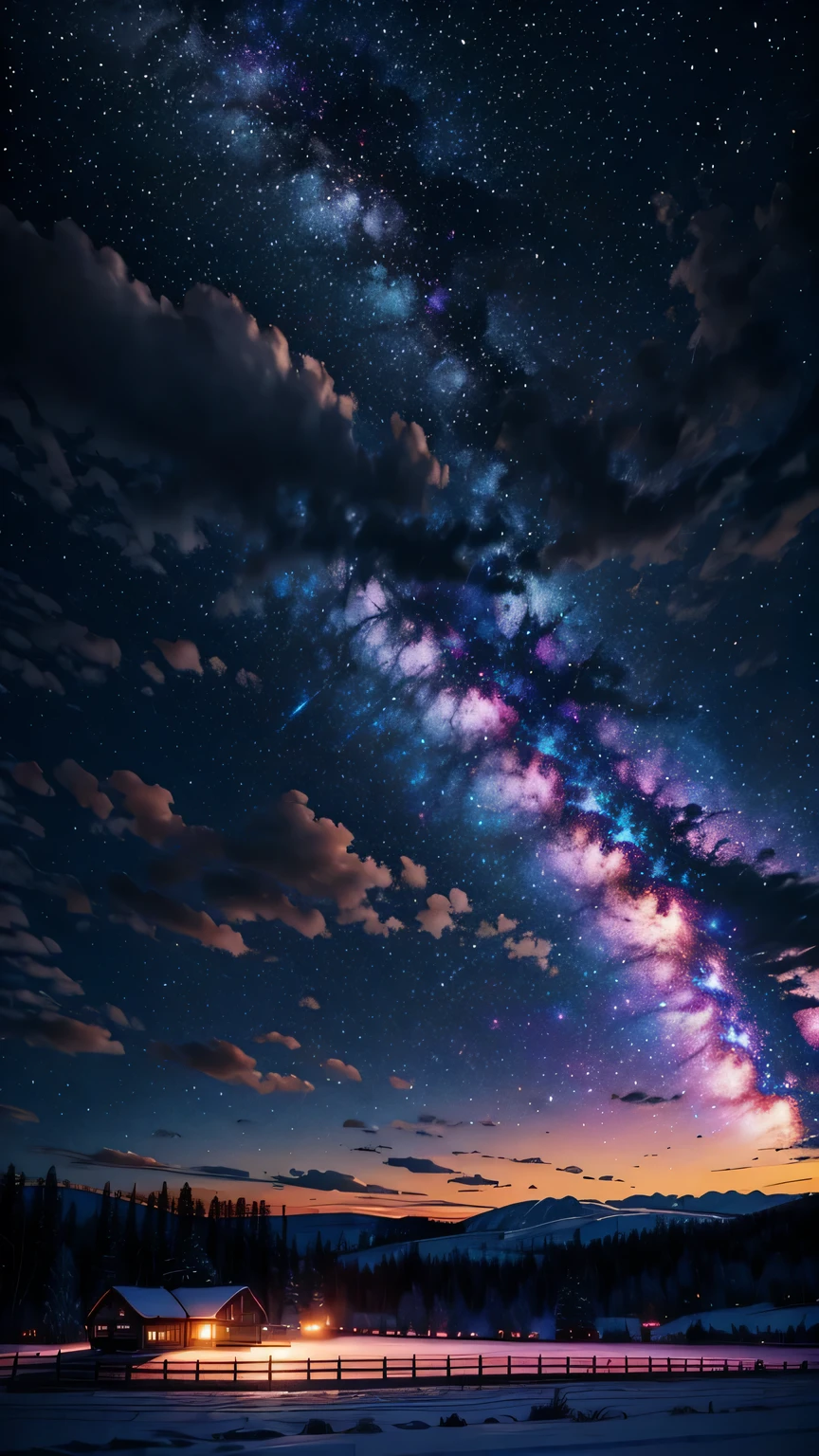 A colorful galaxy，Clouds，Sunset，Snow，Over the farm