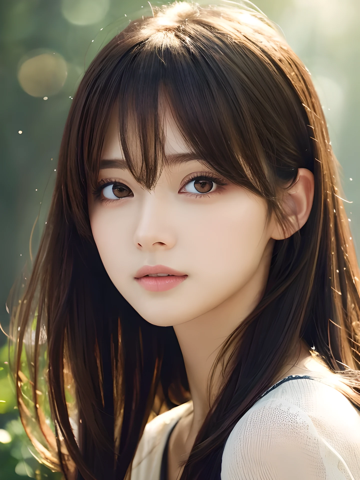 masterpiece, highest quality, High resolution, wallpaper, realistic, (bright lighting:1.4), professional lighting, face light, smooth lighting, dramatic angle, 1 girl, Close-up, cute, sleepy, open mouth to say something, shy, Beautiful girl, gravure, sexy, super beautiful, beautiful skin, beautiful and detailed eyes、detailed face、slim、moderately, pixie cut, brunette colored hair, brown eyes, Professional Photography, Bokeh, Portrait, The morning sunlight shines through the misty forest path.