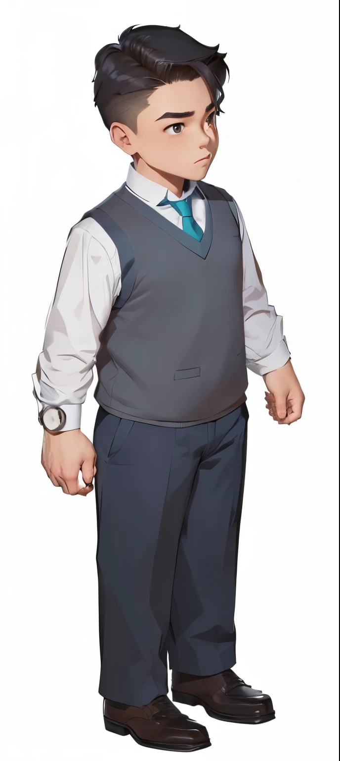 A cartoon boy in a vest and tie，Stand with your hands in your pockets, 官方Character art, Full body portrait, 人物Full body portrait, Full body character portrait, Official character illustrations, Full body portrait, ( ( Character Concept Art ) ), Single character full body, Official Art, Character art, Professor Clothes, Joe Biden plays the role of JoJo, Full body character