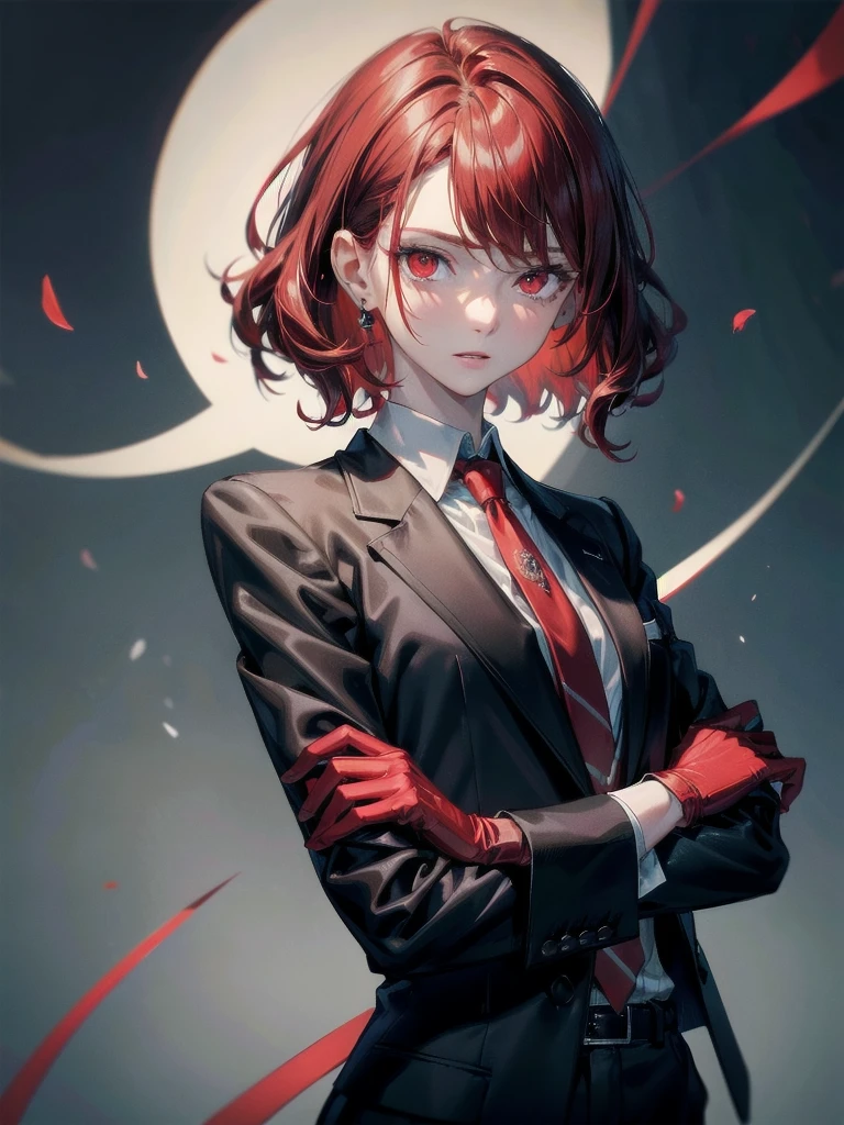 Black gloves, Formal suit, tie, Jacket, pants, absurdres, RAW photo, extremely delicate and beautiful, masterpiece, Best Quality, ultra high resolution, 32k, hyperrealistic, ultra-detailed, detailed description, pale skin, 20 years old, tearful mole, earring, short medium hair, wavy hair, whole body shot, Redhead, Red eyes, big tits,