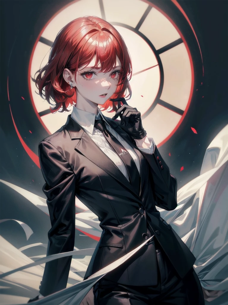 Redhead, bangs, Red eyes, Black gloves, Formal suit, tie, Jacket, absurdres, RAW photo, extremely delicate and beautiful, masterpiece, Best Quality, ultra high resolution, 32k, hyperrealistic, ultra-detailed, detailed description, pale skin, 20 years old, tearful mole, earring, short medium hair, wavy hair, whole body shot,