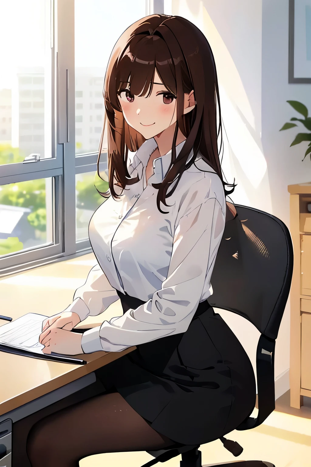 best quality, masterpiece, solo, 1 Female、Age 25、Larger breasts、(Slender figure)、From the side、(Sitting in a desk chair)、office lady、Working in the office、Sheer white shirt、skirt、tights、(White highlight in pupil:1.2)、Dark reddish brown eyes、(Black-haired:1.2)、(Medium Hair)、(View your viewers:1.2)、White skin、(blush)、(A shy smile)、(A sad expression)、(I blur the background a lot to make the woman stand out.:1.3)、(The sunlight shines in)、Beautiful flowers in the background